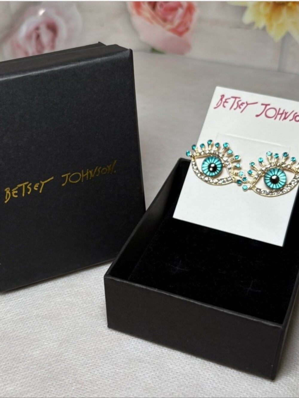Betsey Johnson Turquoise and Gold-Toned Evil Eye Stud Earrings, New in Box